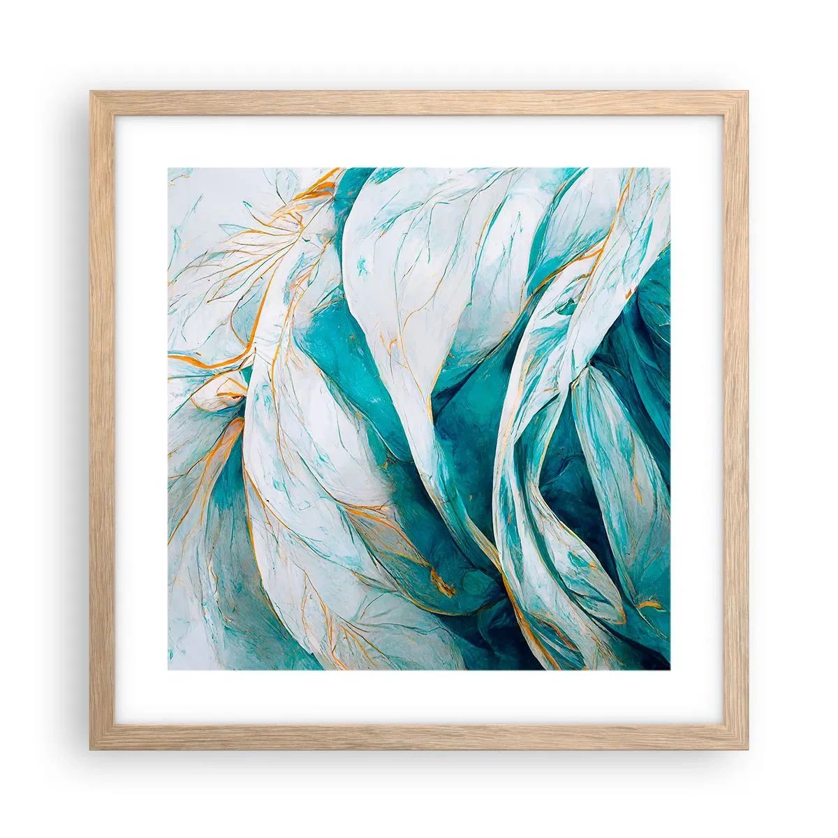 Poster in einem Rahmen aus heller Eiche - Blaue Abstraktion mit goldenem Motiv - 40x40 cm