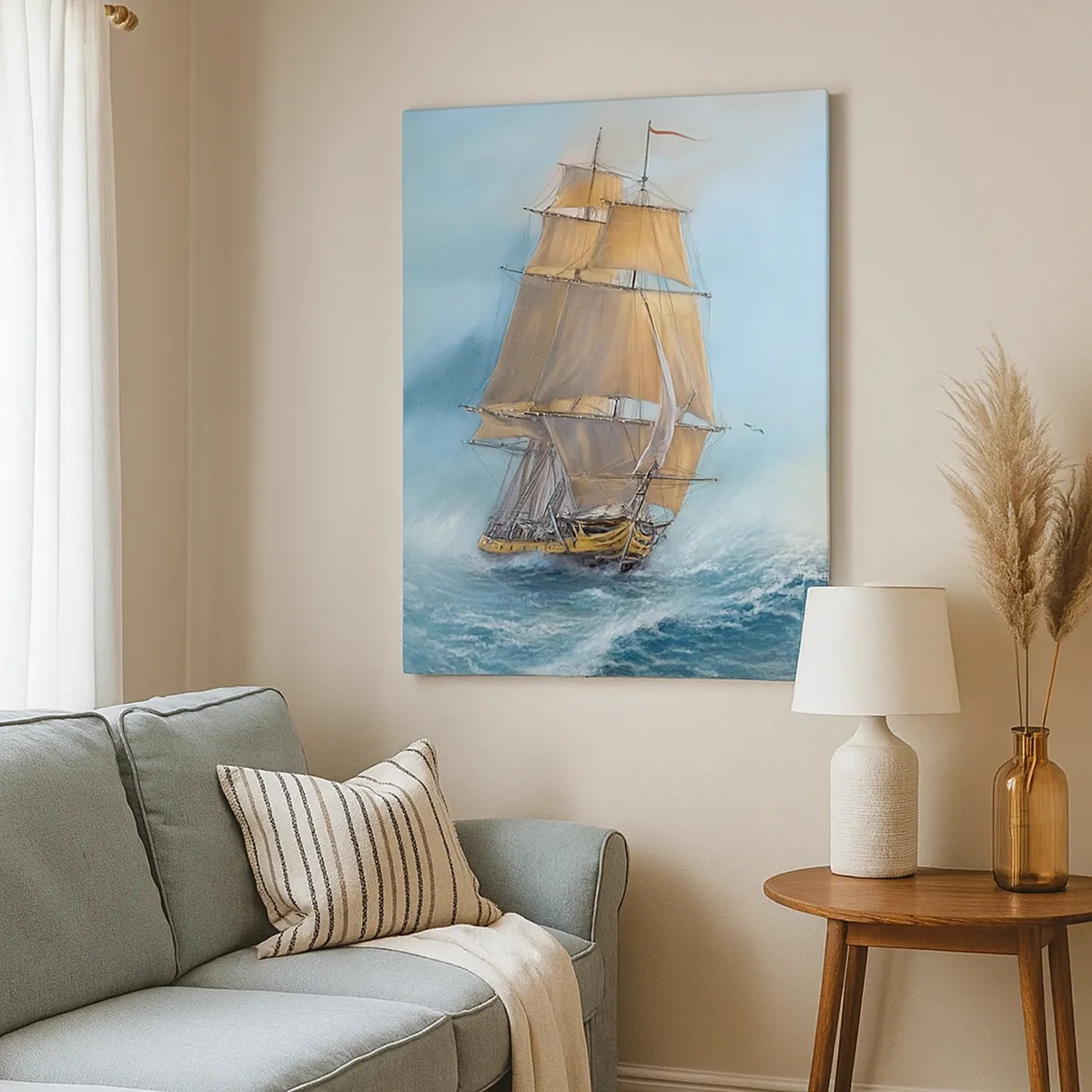 Bild auf Leinwand - Leinwandbild - Ein Segelschiff auf stürmischer See - 50x70cm - Über die Wellen gleiten - Moderne Wanddekoration für Wohnzimmer und Schlafzimmer ARTTOR