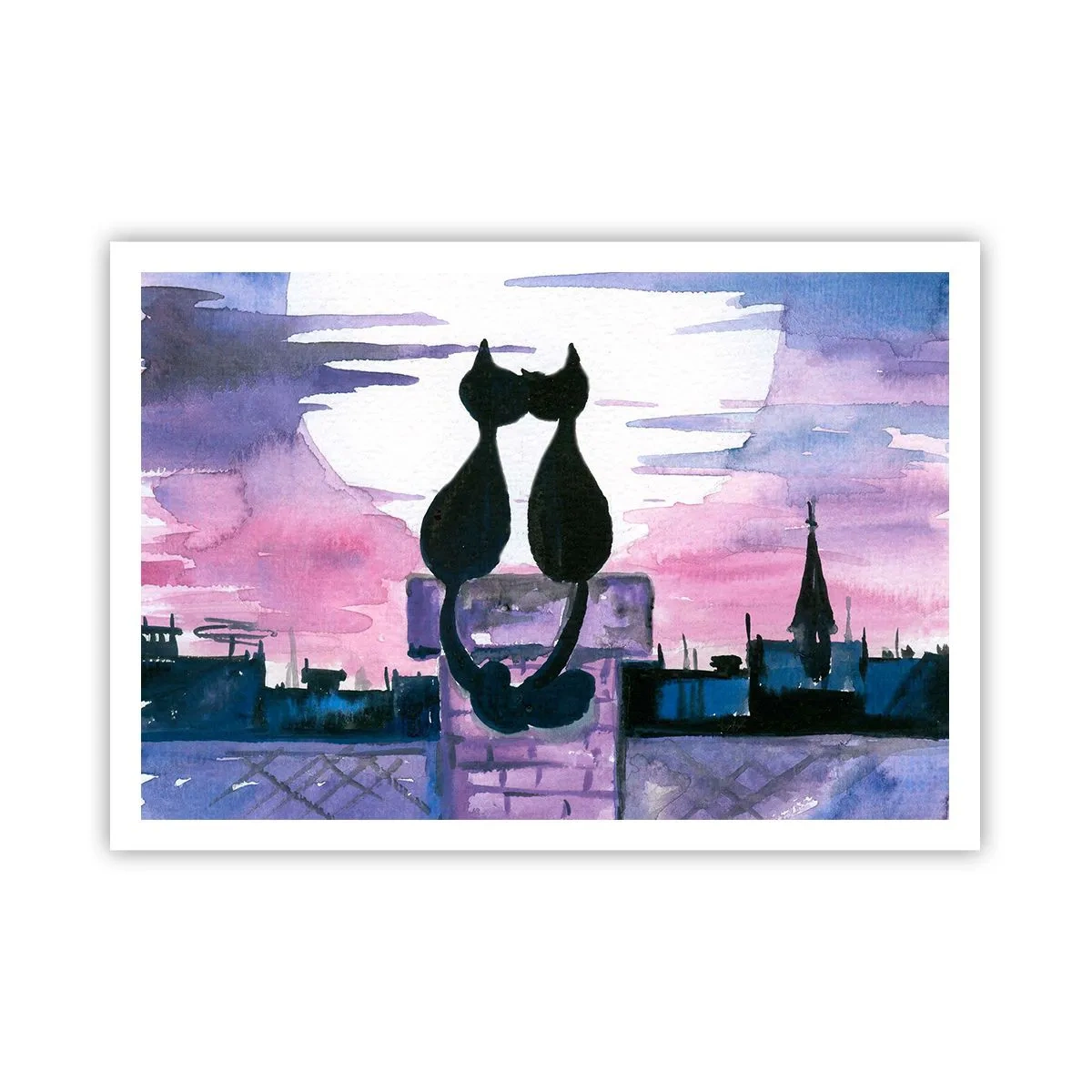 Poster - Schwarze Katzen auf einem Dach im Mondlicht in einer Aquarell-Kulisse - 100x70cm - Rendez-vous unter dem Mond - Moderne Wanddekoration für Wohnzimmer und Schlafzimmer ARTTOR