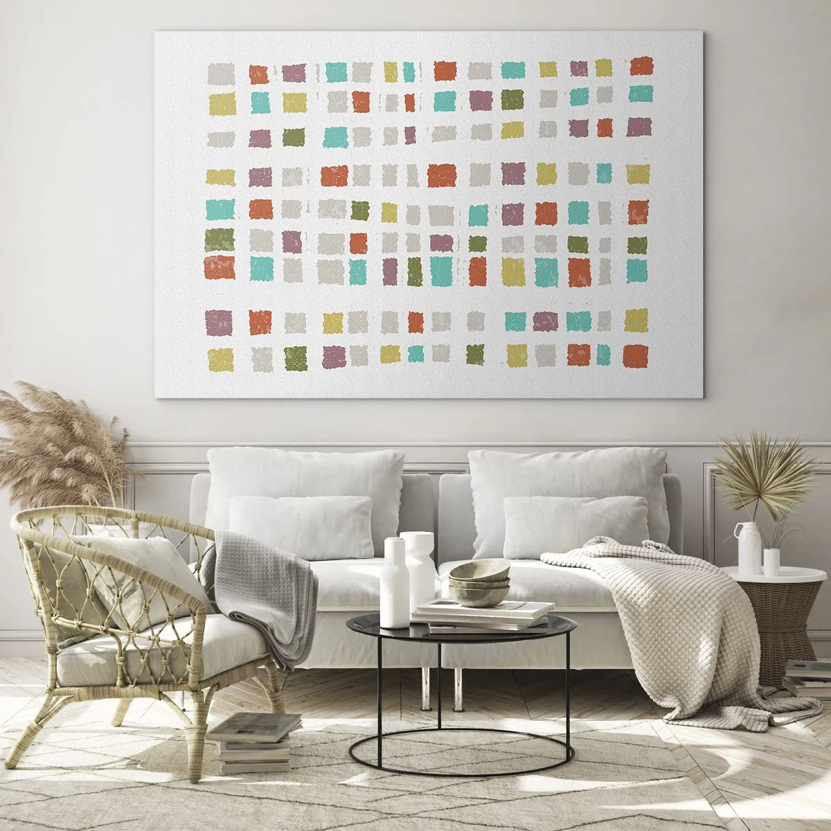 Glasbild - Bild auf glas - Buntes Mosaik aus Quadraten auf weißem Hintergrund im abstrakten Stil - 70x50cm - Unbekanntes Spiel - Moderne Wanddekoration für Wohnzimmer und Schlafzimmer ARTTOR