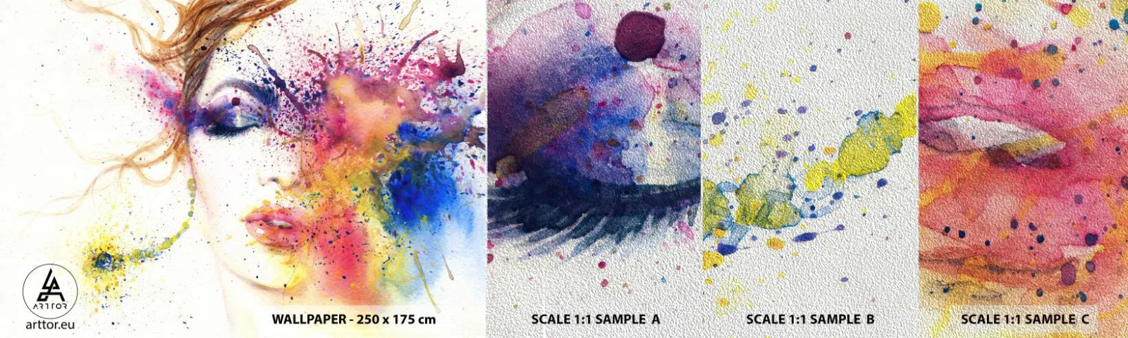 Fototapeten Muster Premium Sand - Regenbogenschwindel - Abstraktion, Das Gesicht einer Frau, Porträt einer Frau - 100x30 cm