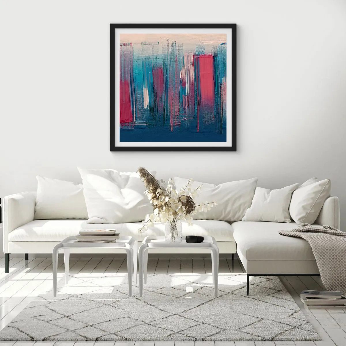 Poster in einem schwarzem Rahmen - Vertikale Komposition in Blau und Rot - 30x30 cm