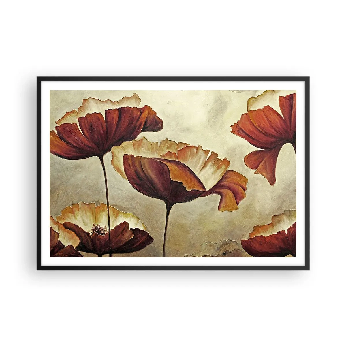 Poster in einem schwarzem Rahmen - Dezente Blumen in Rot- und Goldtönen auf hellem Untergrund - 100x70cm - Weideland - Moderne Wanddekoration für Wohnzimmer und Schlafzimmer ARTTOR