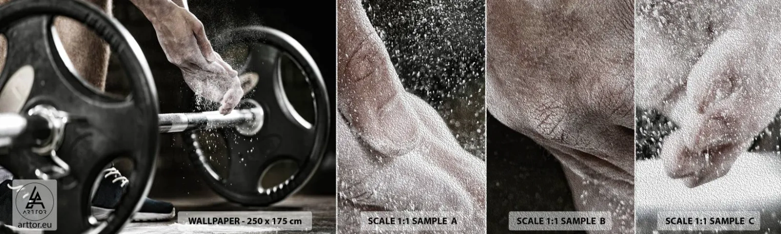 Fototapeten Muster Premium Sand - Herausforderung angenommen! - Sport, Fitnessstudio, Gewichtheben - 100x30 cm