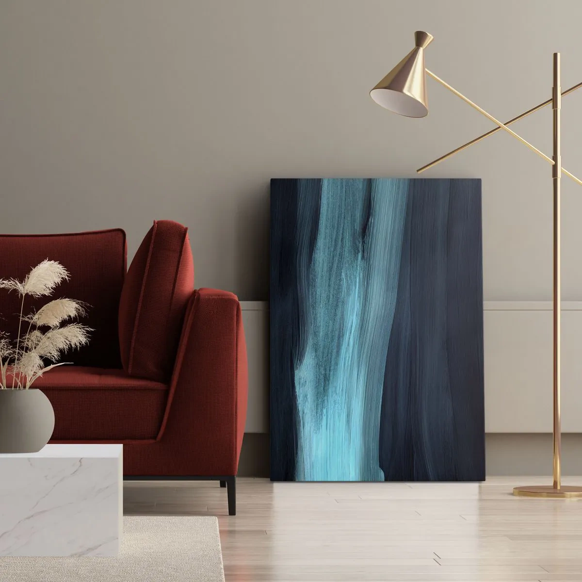 Bild auf Leinwand - Leinwandbild - Dezente abstrakte Wellen in dunklen Blautönen - 80x120cm - Gehen Sie mit dem Strom - Moderne Wanddekoration für Wohnzimmer und Schlafzimmer ARTTOR