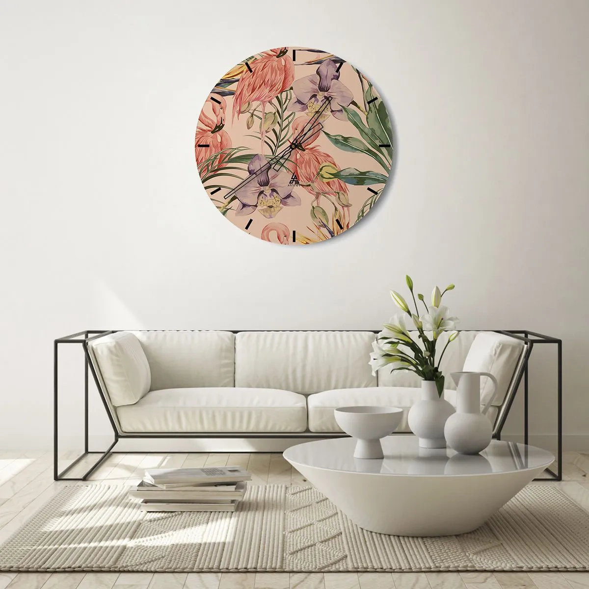 Wanduhr - Glasuhr - Flamingos und Blumen auf beigem Hintergrund - 30x30cm - Rosa Ballett in Blumen - Moderne Wanddekoration für Wohnzimmer, Küche und Schlafzimmer ARTTOR