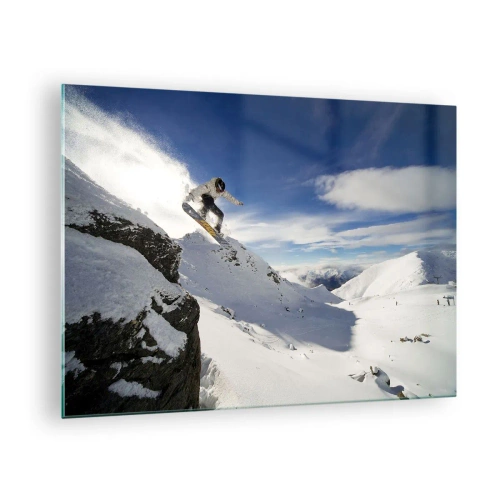 Glasbild - Bild auf glas - Ein Snowboarder springt im Winter von einer Klippe in den Bergen - 70x50cm - Freiheit ohne Grenzen - Moderne Wanddekoration für Wohnzimmer und Schlafzimmer ARTTOR
