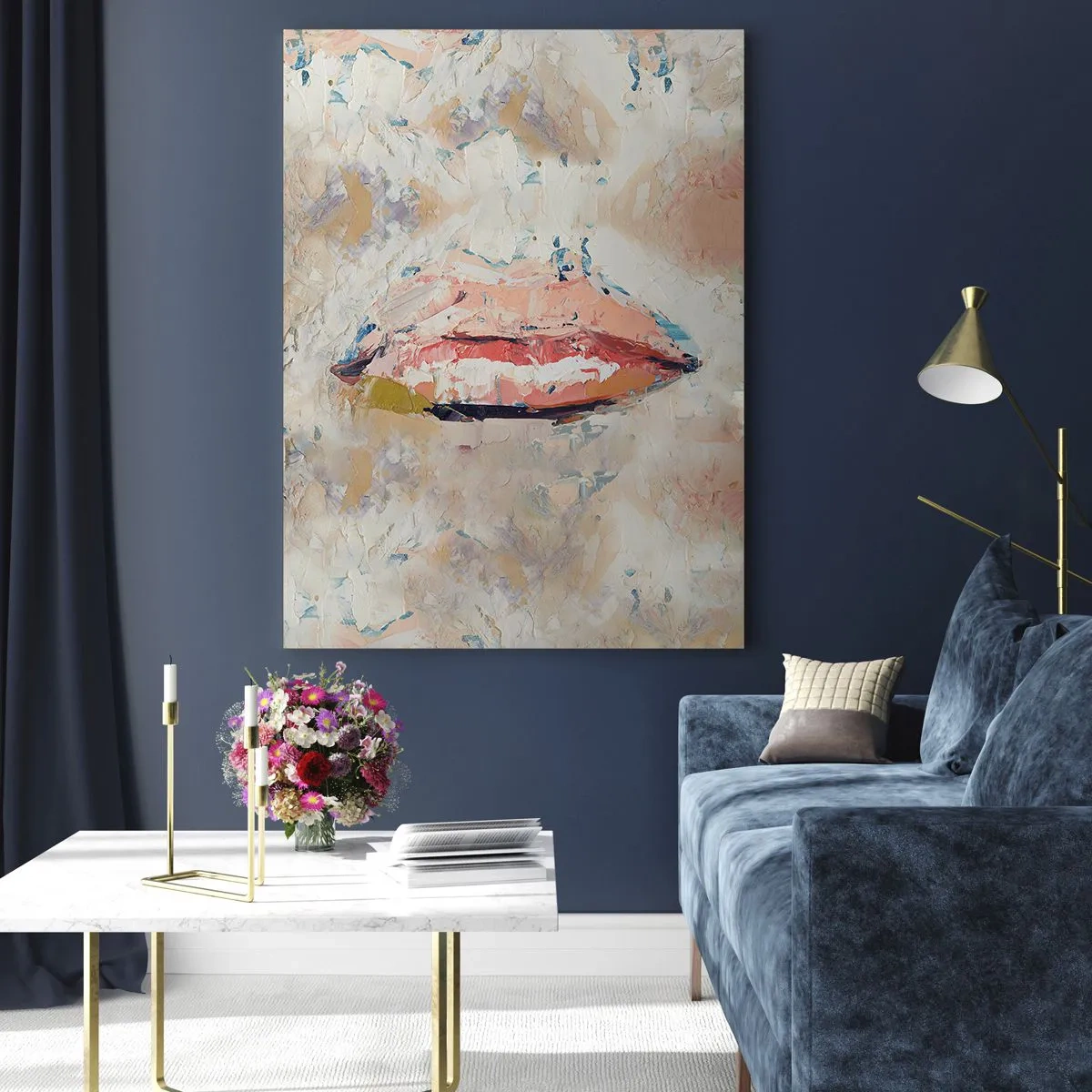 Glasbild - Bild auf glas - Eine abstrakte Komposition, die die Lippen einer Frau in Pastellfarben darstellt. - 80x120cm - Es weckt die Sinne - Moderne Wanddekoration für Wohnzimmer und Schlafzimmer ARTTOR