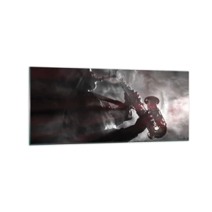 Glasbild - Bild auf glas - Saxophonist im Rauch auf der Bühne in stimmungsvollem Schwarz und Rot - 120x50cm - In den Dämpfen des Jazz - Moderne Wanddekoration für Wohnzimmer und Schlafzimmer ARTTOR