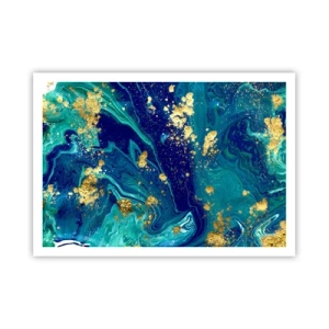 Poster - Eine abstrakte Komposition mit blauen, grünen und goldenen Akzenten. - 100x70cm - Die Blütenblätter der Sonne - Moderne Wanddekoration für Wohnzimmer und Schlafzimmer ARTTOR