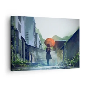 Bild auf Leinwand - Leinwandbild - Eine Figur mit einem Regenschirm in einer verregneten Stadt - 70x50cm - Belebender Regen - Moderne Wanddekoration für Wohnzimmer und Schlafzimmer ARTTOR