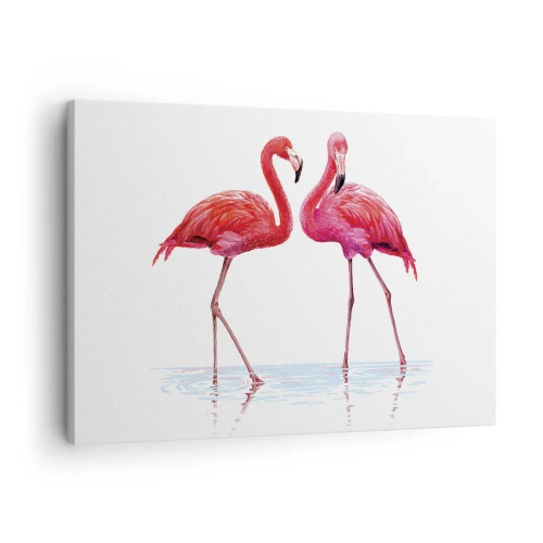 Bild auf Leinwand - Leinwandbild - Ein Flamingopaar im Wasser vor hellem Hintergrund - 70x50cm - Rosa randez-vous - Moderne Wanddekoration für Wohnzimmer und Schlafzimmer ARTTOR