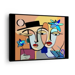 Bild auf Leinwand - Leinwandbild - Kubistische Porträts in leuchtenden Farben mit floralem Motiv - 70x50cm - Picassos randez vous - Moderne Wanddekoration für Wohnzimmer und Schlafzimmer ARTTOR