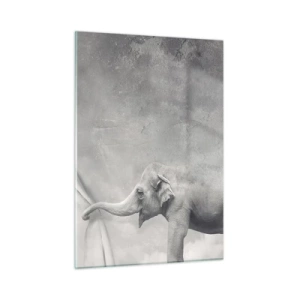 Glasbild - Bild auf glas - Ein Elefant in einer surrealen Umgebung mit einem Vorhang - 50x70cm - Enthülle das Geheimnis - Moderne Wanddekoration für Wohnzimmer und Schlafzimmer ARTTOR