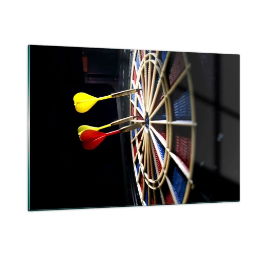 Glasbild - Bild auf glas - Darts treffen ein Ziel in einer dunklen Umgebung - 120x80cm - Auf den Punkt gebracht - Moderne Wanddekoration für Wohnzimmer und Schlafzimmer ARTTOR