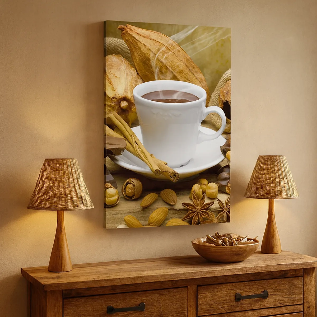 Bild auf Leinwand - Leinwandbild - Eine Tasse heiße Schokolade, umgeben von Kakao und Zimt - 50x70cm - Für Nervenkitzel-Suchende - Moderne Wanddekoration für Wohnzimmer und Schlafzimmer ARTTOR