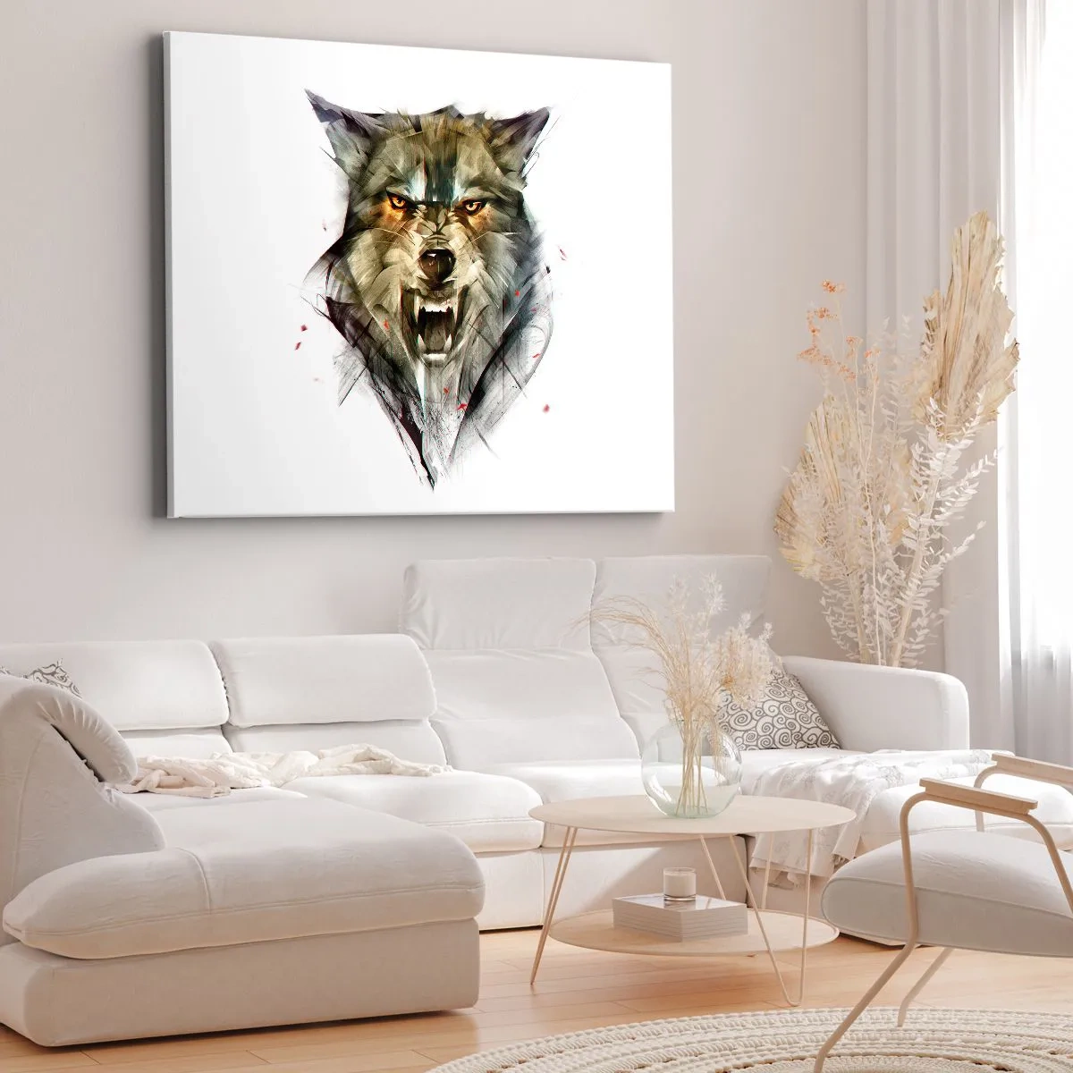 Bild auf Leinwand - Leinwandbild - Ein gefährlicher Wolf in dynamischer, künstlerischer Form - 120x80cm - Kein Schritt näher! - Moderne Wanddekoration für Wohnzimmer und Schlafzimmer ARTTOR