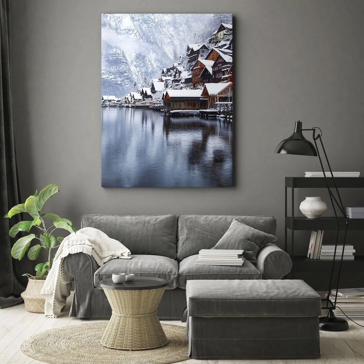 Bild auf Leinwand - Leinwandbild - Winteransicht eines Bergdorfes am See - 50x70cm - In winterlicher Dekoration - Moderne Wanddekoration für Wohnzimmer und Schlafzimmer ARTTOR