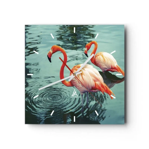 Wanduhr - Glasuhr - Zwei Flamingos im ruhigen Wasser spiegeln ihre Umgebung wider - 30x30cm - Wir sind jetzt in Mode - Moderne Wanddekoration für Wohnzimmer und Schlafzimmer ARTTOR