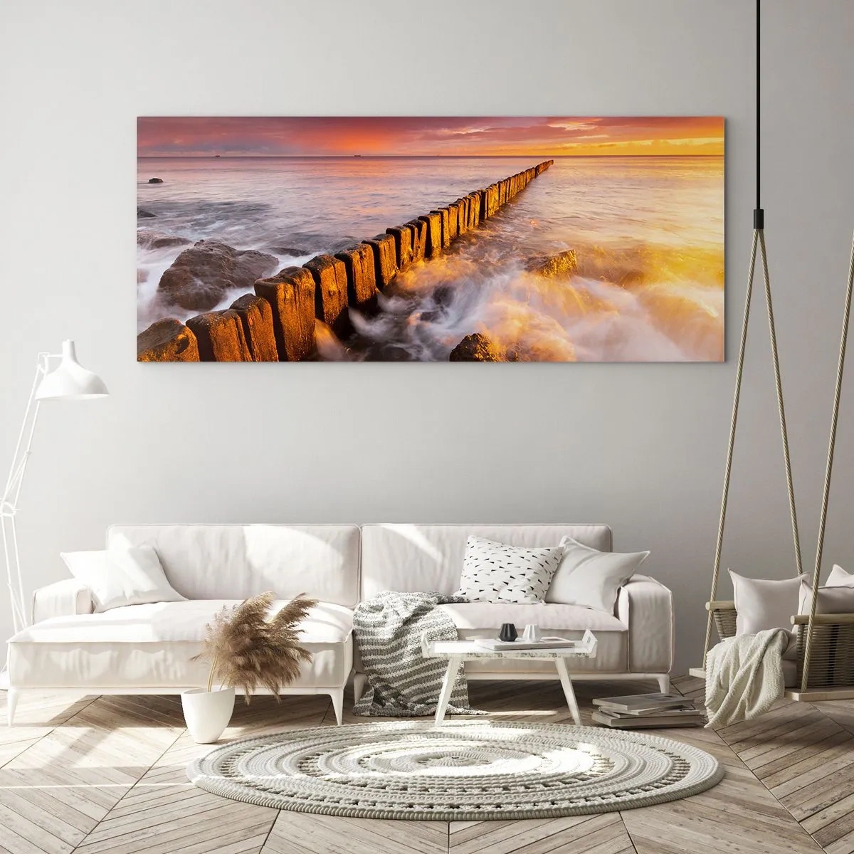 Glasbild - Bild auf glas - Eine malerische Landschaft am Meer bei Sonnenuntergang - 120x50cm - Die Sanftheit der Wellen - Moderne Wanddekoration für Wohnzimmer und Schlafzimmer ARTTOR