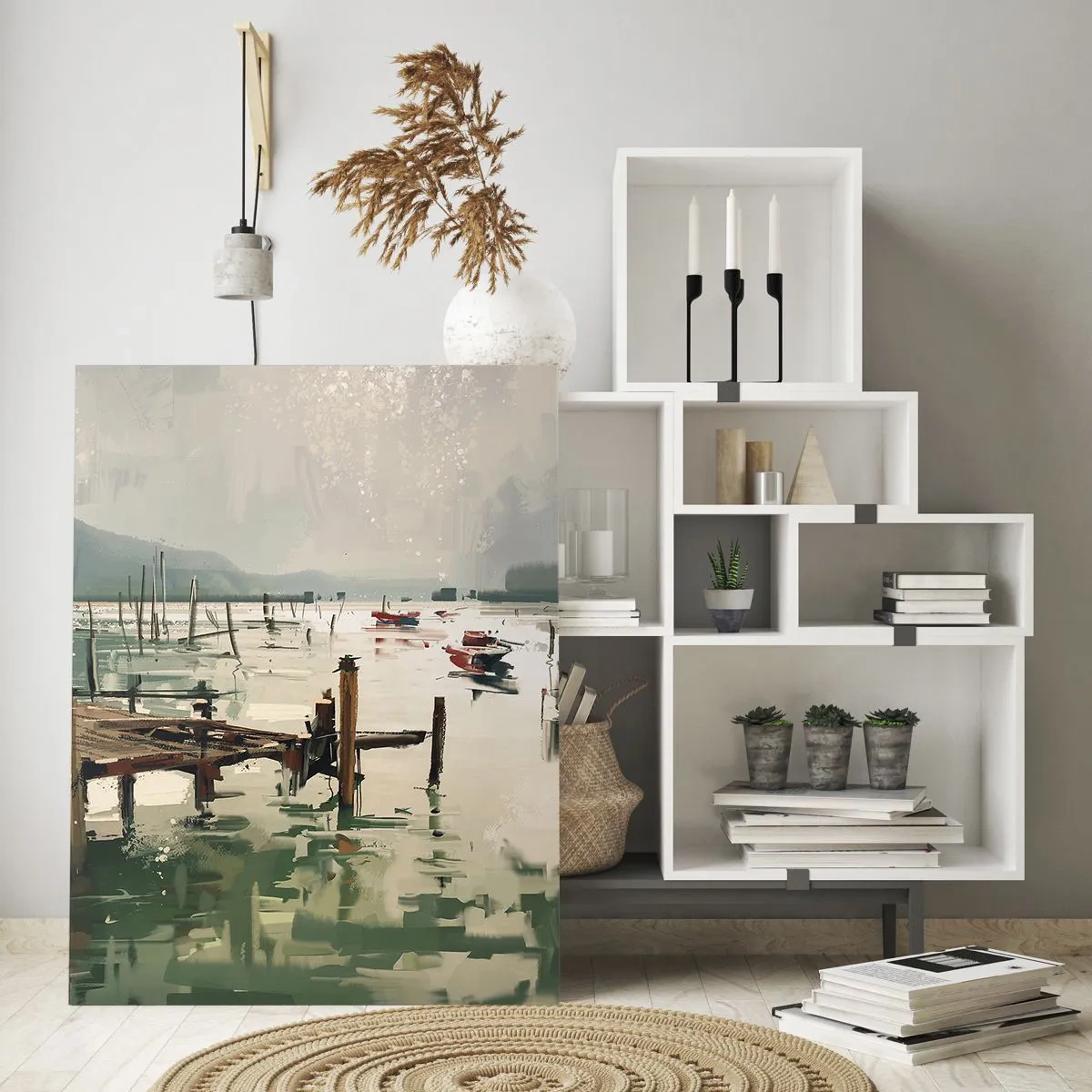 Glasbild - Bild auf glas - Ein Holzsteg und Boote auf ruhigem Wasser, umgeben von Bergen - 50x70cm - Durchnässt in einem geschmolzenen Mond - Moderne Wanddekoration für Wohnzimmer und Schlafzimmer ARTTOR