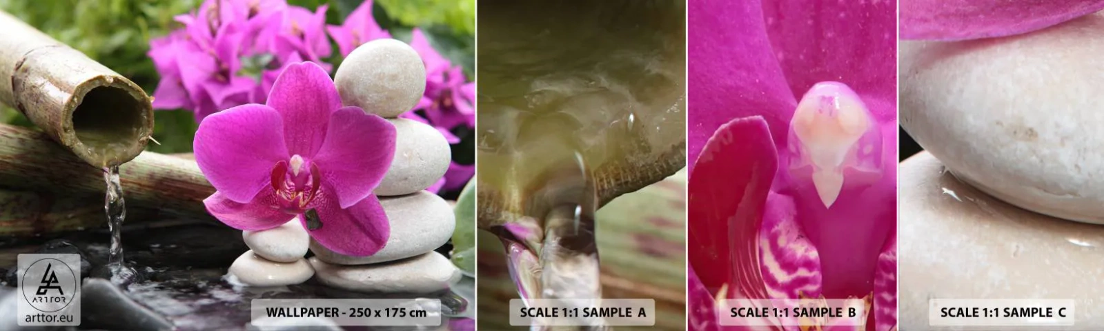 Fototapetenmuster Standard Eco - Du ruhst dich schon aus - Blumen, Bambus, Orchidee - 100x30 cm