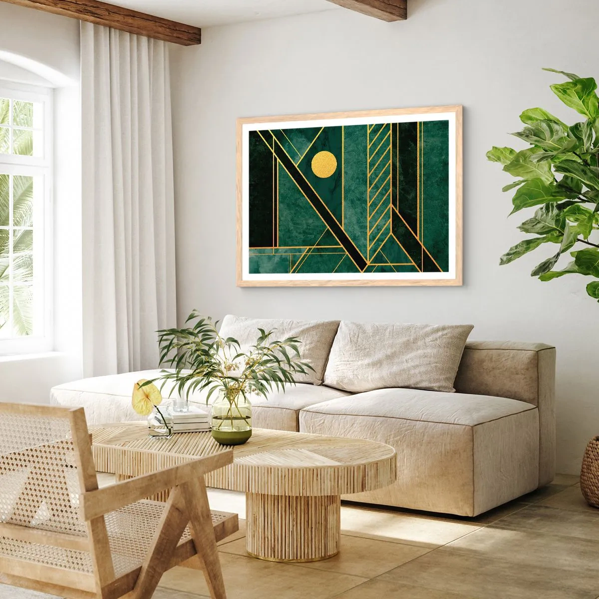 Poster in einem Rahmen aus heller Eiche - Dynamik von Gold und Azurblau - 40x30 cm