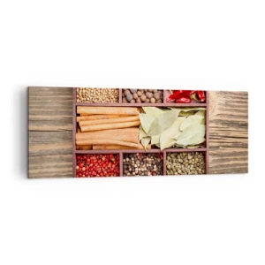 Bild auf Leinwand - Leinwandbild - Holzkiste mit verschiedenen Gewürzen in Fächern - 140x50cm - Ordnung der Formen, Bouquet von Aromen - Moderne Wanddekoration für Wohnzimmer und Schlafzimmer ARTTOR