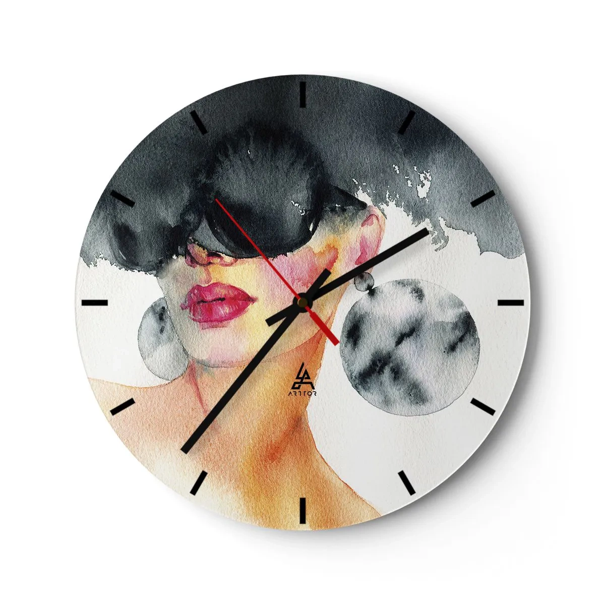 Wanduhr - Glasuhr - Porträt einer Frau mit Brille und großen Ohrringen, Aquarell - 30x30cm - Das Geheimnis der Eleganz - Moderne Wanddekoration für Wohnzimmer, Küche und Schlafzimmer ARTTOR