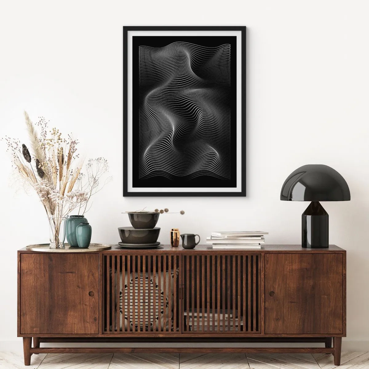 Poster in einem schwarzem Rahmen - Minimalistische Wellen in Schwarz und Weiß - 50x70cm - Lichttanz im Raum - Moderne Wanddekoration für Wohnzimmer und Schlafzimmer ARTTOR