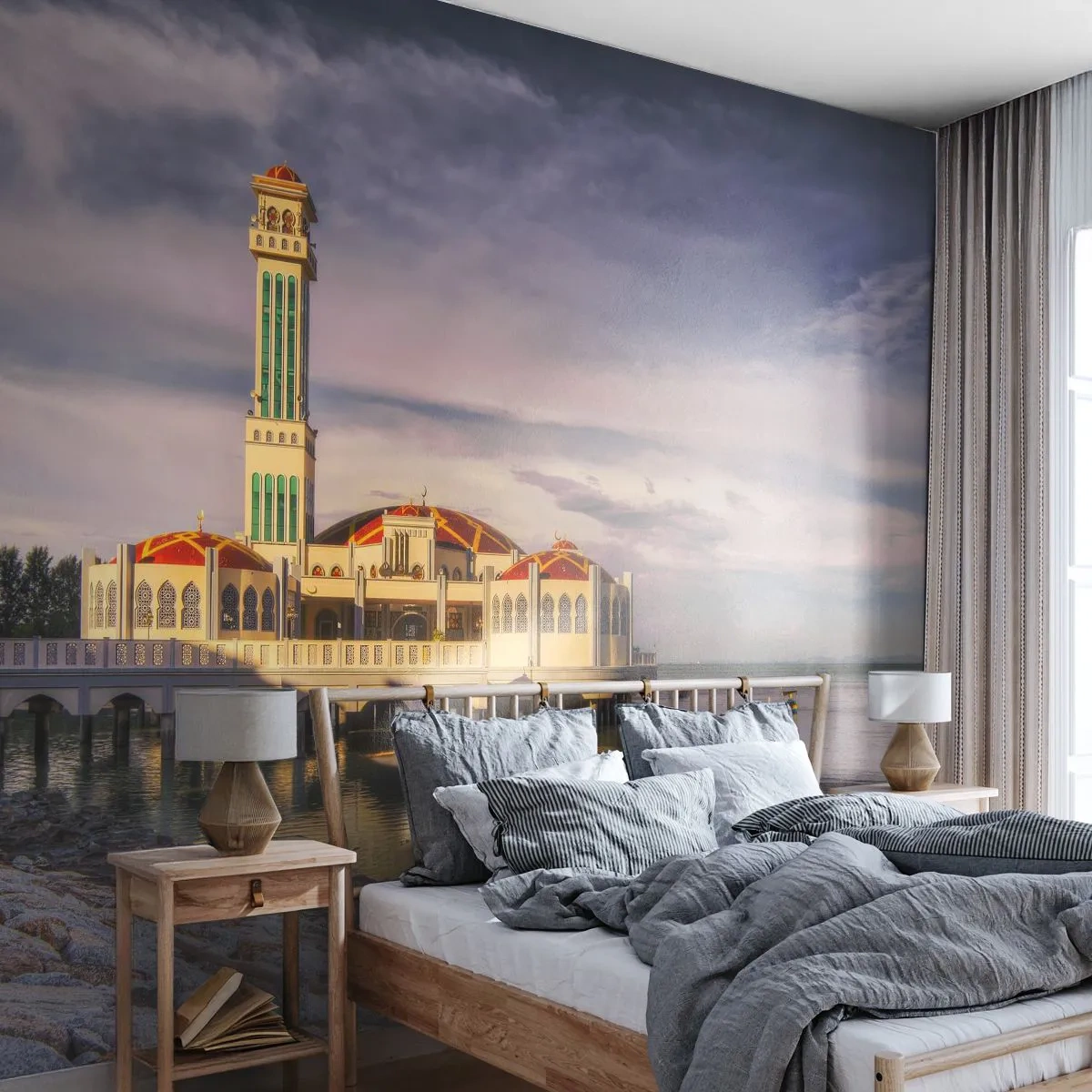 Fototapete Premium Canvas - Ein beeindruckendes Gebäude mit einem Minarett auf dem Wasser, umgeben von einer friedlichen Landschaft - 100x70cm - Tempel der Natur - Moderne Wanddekoration für Wohnzimmer und Schlafzimmer ARTTOR