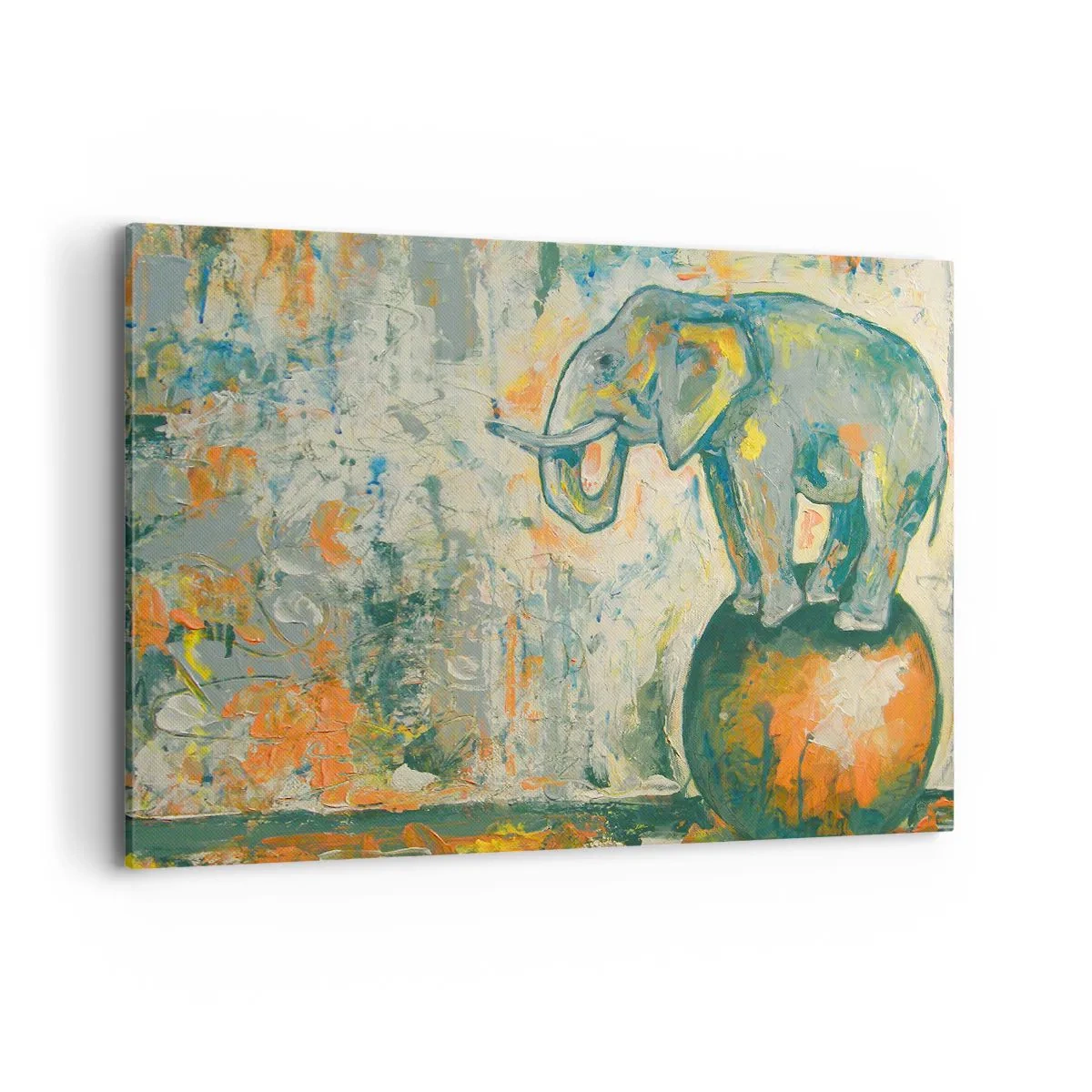 Bild auf Leinwand - Leinwandbild - Ein Elefant, der auf einem Ball balanciert, in einem künstlerischen Stil - 120x80cm - Es lebe der Zirkus! - Moderne Wanddekoration für Wohnzimmer und Schlafzimmer ARTTOR