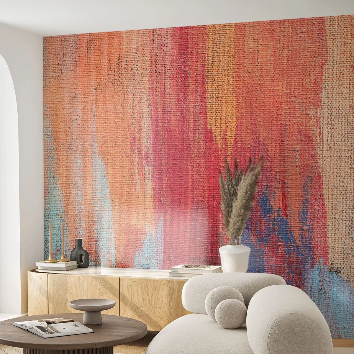 Fototapete Premium Sand - Bunte Farbstreifen auf Leinwand im abstrakten Stil - 100x70cm - Renne den Regenbogen hinunter - Moderne Wanddekoration für Wohnzimmer und Schlafzimmer ARTTOR