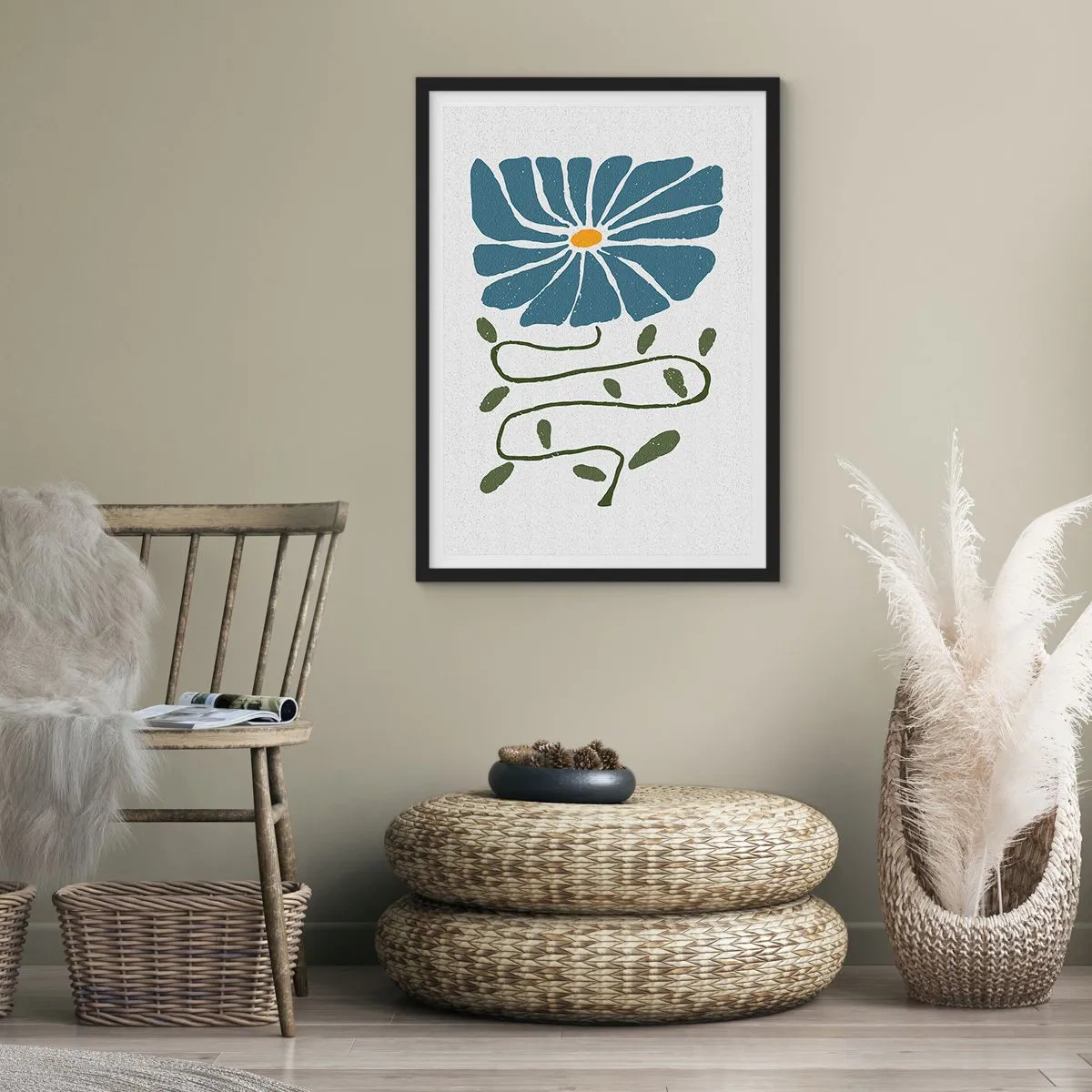 Poster in einem schwarzem Rahmen - Eine blaue Blume mit einem gewundenen Stiel auf hellem Hintergrund - 50x70cm - Zweig für eine Blume - Moderne Wanddekoration für Wohnzimmer und Schlafzimmer ARTTOR
