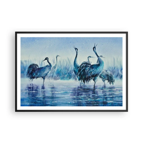 Poster in einem schwarzem Rahmen - Kräne vor dem Hintergrund von Nebel und Wasser in Blautönen - 100x70cm - Morgentliches Treffen - Moderne Wanddekoration für Wohnzimmer und Schlafzimmer ARTTOR