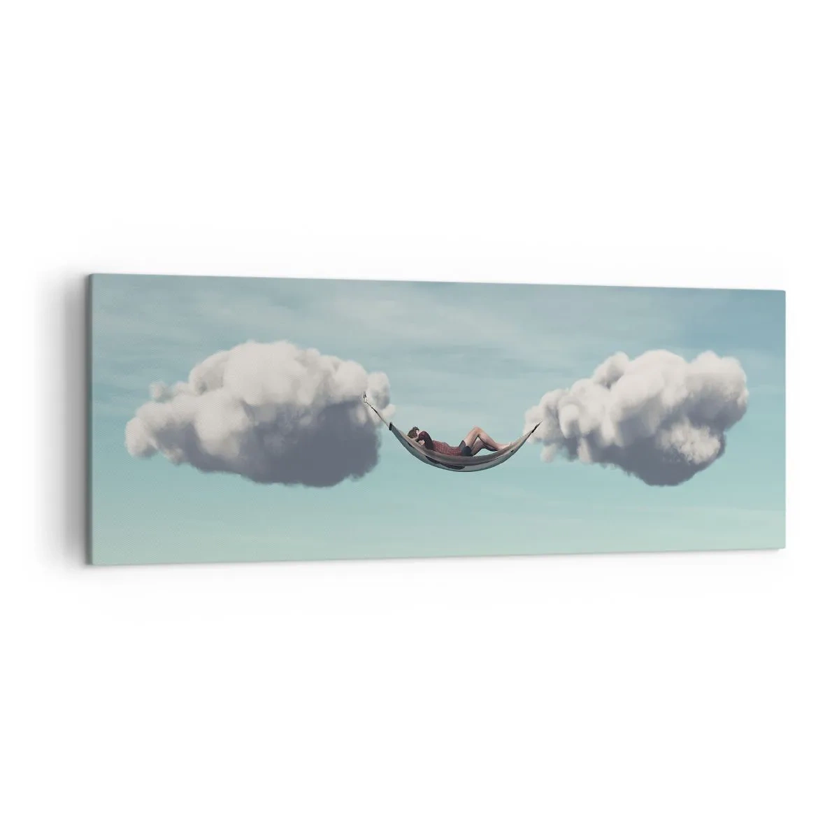 Bild auf Leinwand - Leinwandbild - Eine Person entspannt in einer Hängematte in den Wolken - 140x50cm - Die Behaglichkeit des Augenblicks - Moderne Wanddekoration für Wohnzimmer und Schlafzimmer ARTTOR