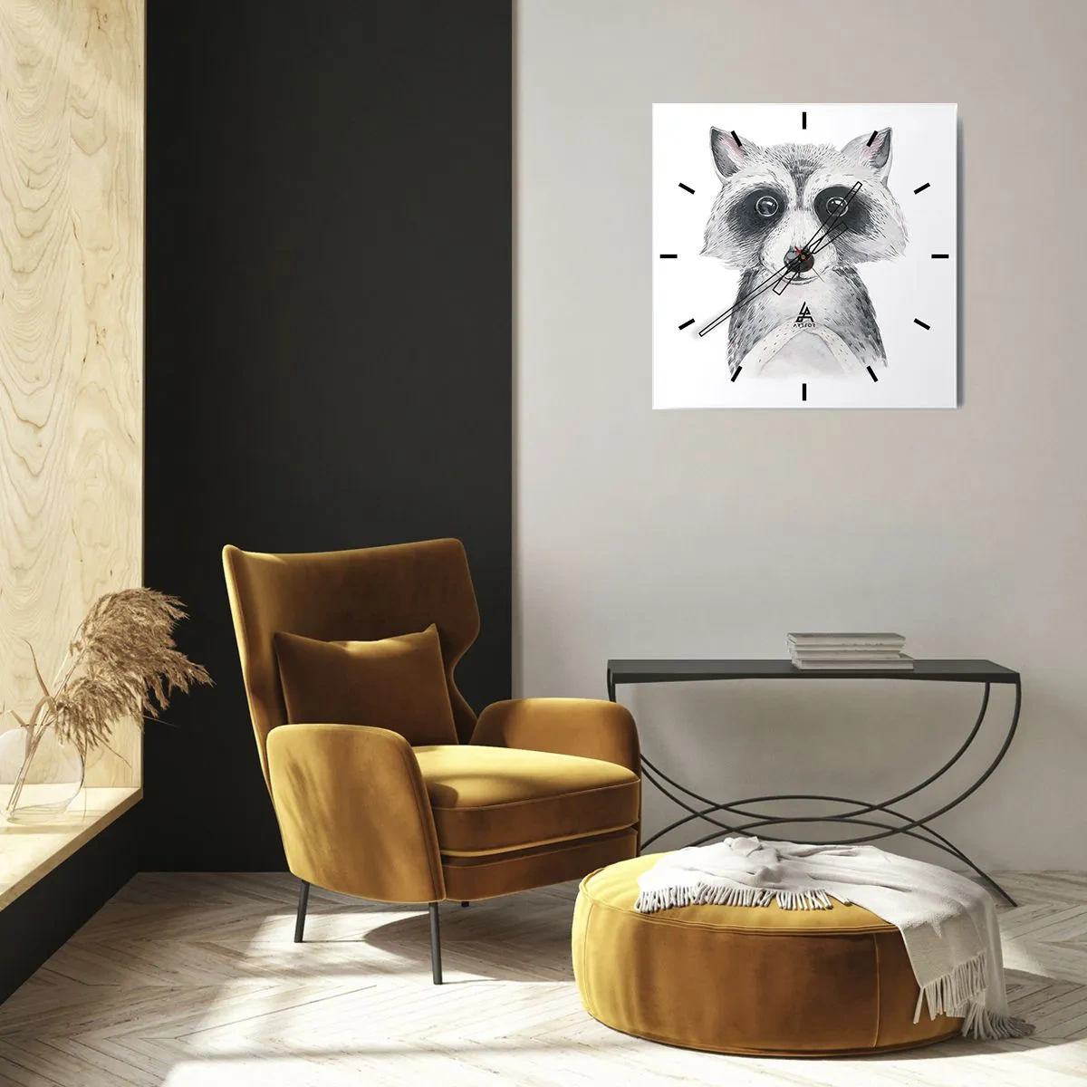 Wanduhr - Glasuhr - Adorable Portrait eines Waschbären auf weißem Hintergrund - 30x30cm - Ein Moment zum Bewegen - Moderne Wanddekoration für Wohnzimmer und Schlafzimmer ARTTOR
