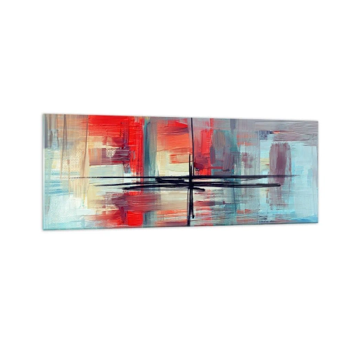 Glasbild - Bild auf glas - Eine abstrakte Komposition mit intensiven Farben, Linien und geometrischen Formen. - 140x50cm - Landschaft in einer unbekannten Dimension - Moderne Wanddekoration für Wohnzimmer und Schlafzimmer ARTTOR