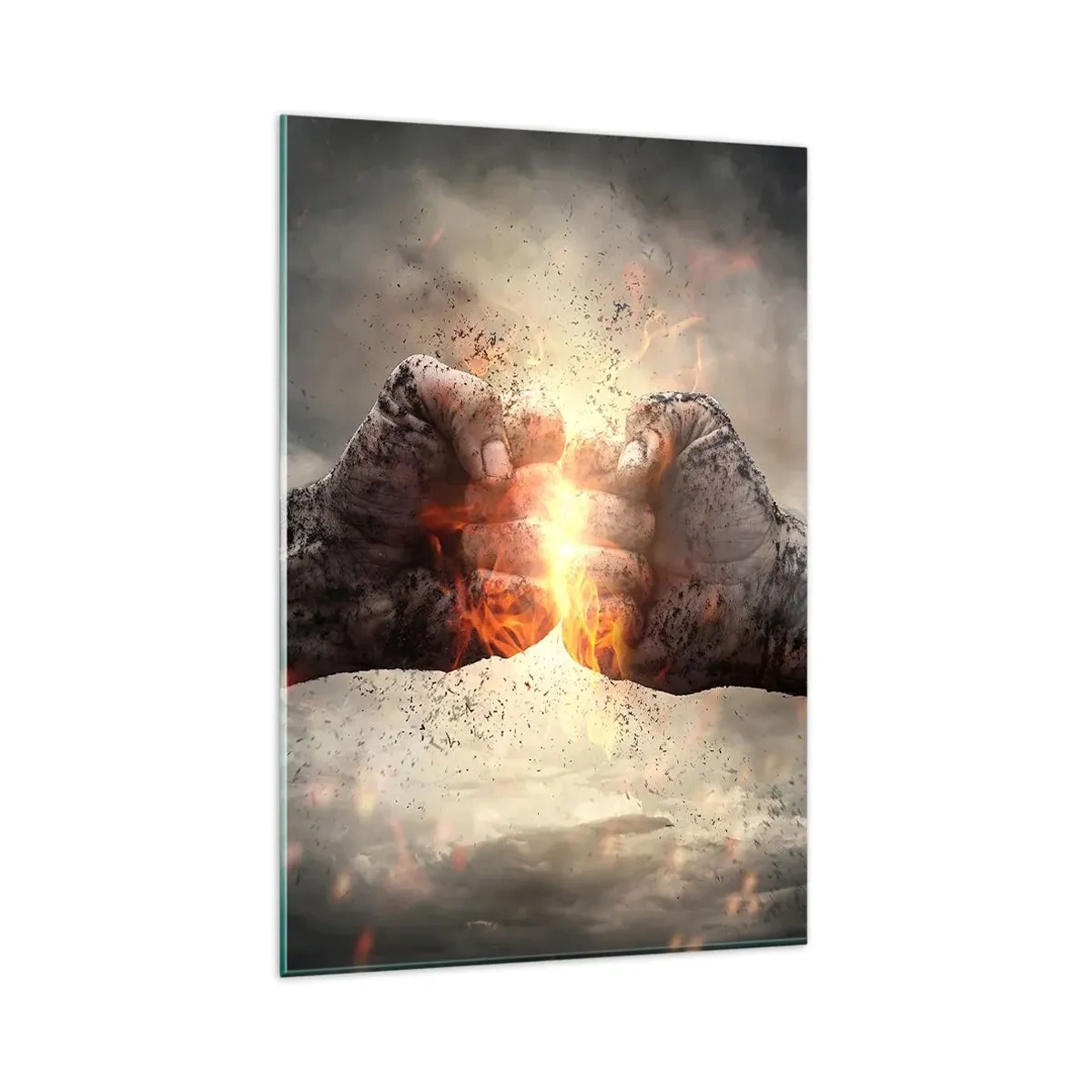 Glasbild - Bild auf glas - Geballte Fäuste in einer dynamischen Brandszene - 80x120cm - Steh auf für einen Kampf - Moderne Wanddekoration für Wohnzimmer und Schlafzimmer ARTTOR