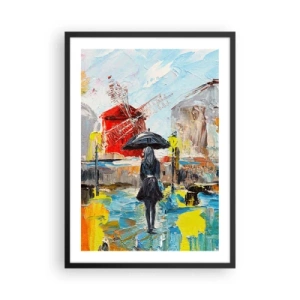 Poster in einem schwarzem Rahmen - Eine Frau mit einem Regenschirm vor der Kulisse einer Stadt im Regen - 50x70cm - Pariser Legenden - Moderne Wanddekoration für Wohnzimmer und Schlafzimmer ARTTOR