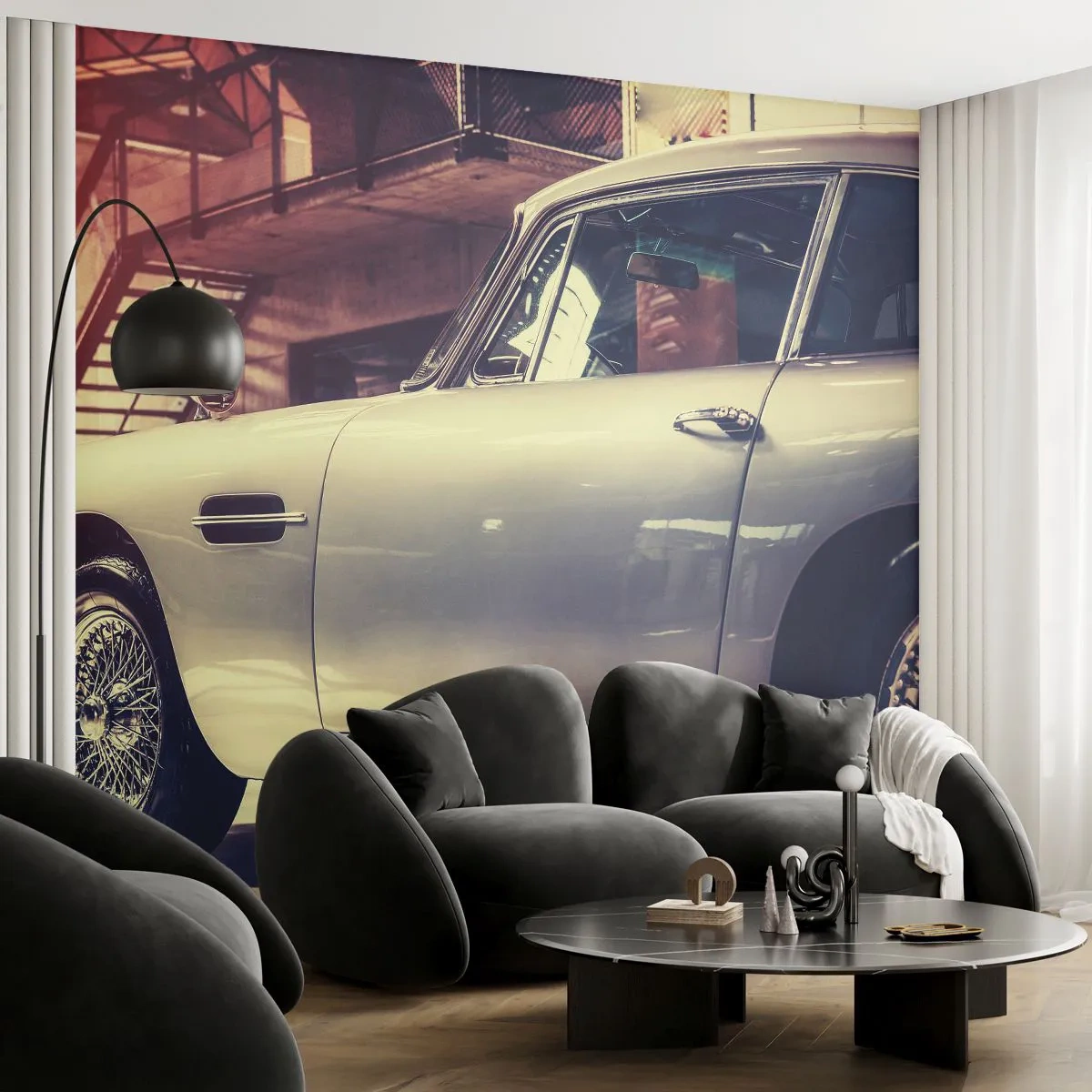 Fototapete Premium Sand - Kultiger Oldtimer in einer Industriegarage - 100x70cm - Die Klassiker werden nicht alt - Moderne Wanddekoration für Wohnzimmer und Schlafzimmer ARTTOR