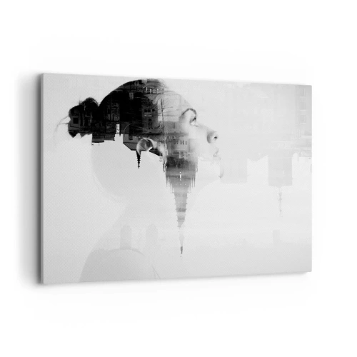 Bild auf Leinwand - Leinwandbild - Porträt einer Frau mit den Umrissen einer Stadt im Hintergrund, schwarz-weiße Farben - 100x70cm - Auf beiden Seiten des Glases - Moderne Wanddekoration für Wohnzimmer und Schlafzimmer ARTTOR