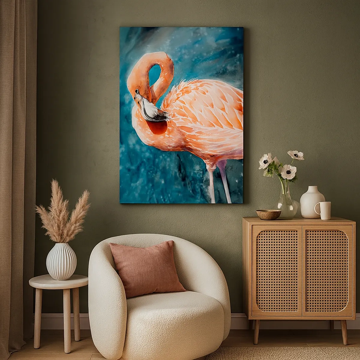 Bild auf Leinwand - Leinwandbild - Ein rosa Flamingo auf einem aquarellblauen Hintergrund - 50x70cm - Von Natur aus dekorativ - Moderne Wanddekoration für Wohnzimmer und Schlafzimmer ARTTOR