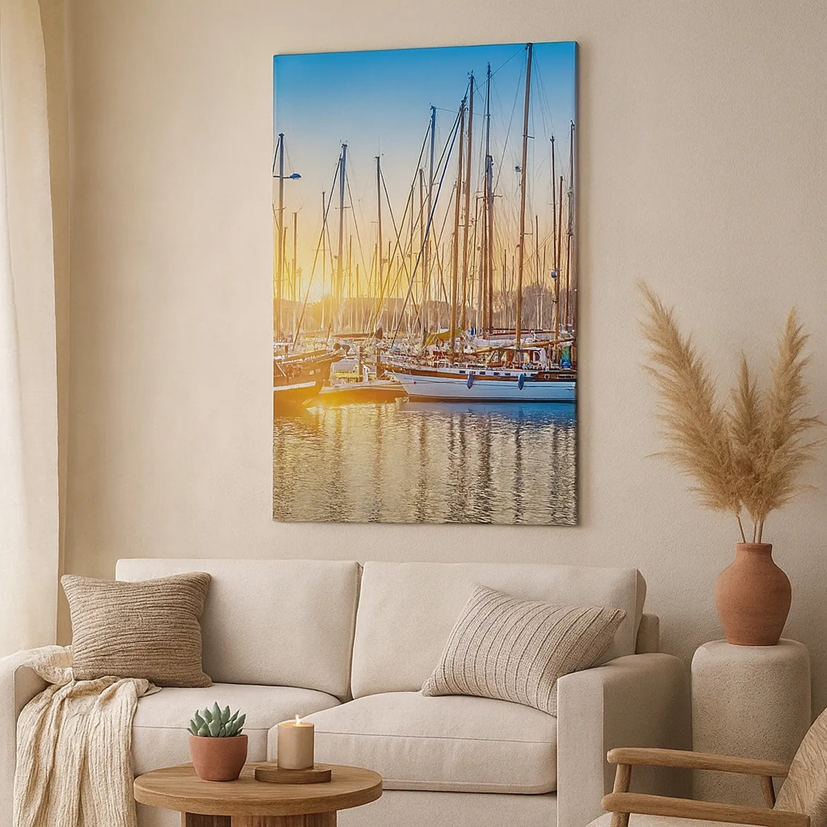 Bild auf Leinwand - Leinwandbild - Sonnenuntergang über einem Yachthafen voller Segelboote - 50x70cm - Der Wind muss auch schlafen - Moderne Wanddekoration für Wohnzimmer und Schlafzimmer ARTTOR