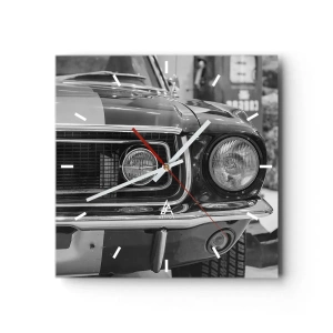 Wanduhr - Glasuhr - Schwarz-weiße Motorhaube eines Oldtimers - 30x30cm - Wilder Ritt - Moderne Wanddekoration für Wohnzimmer und Schlafzimmer ARTTOR