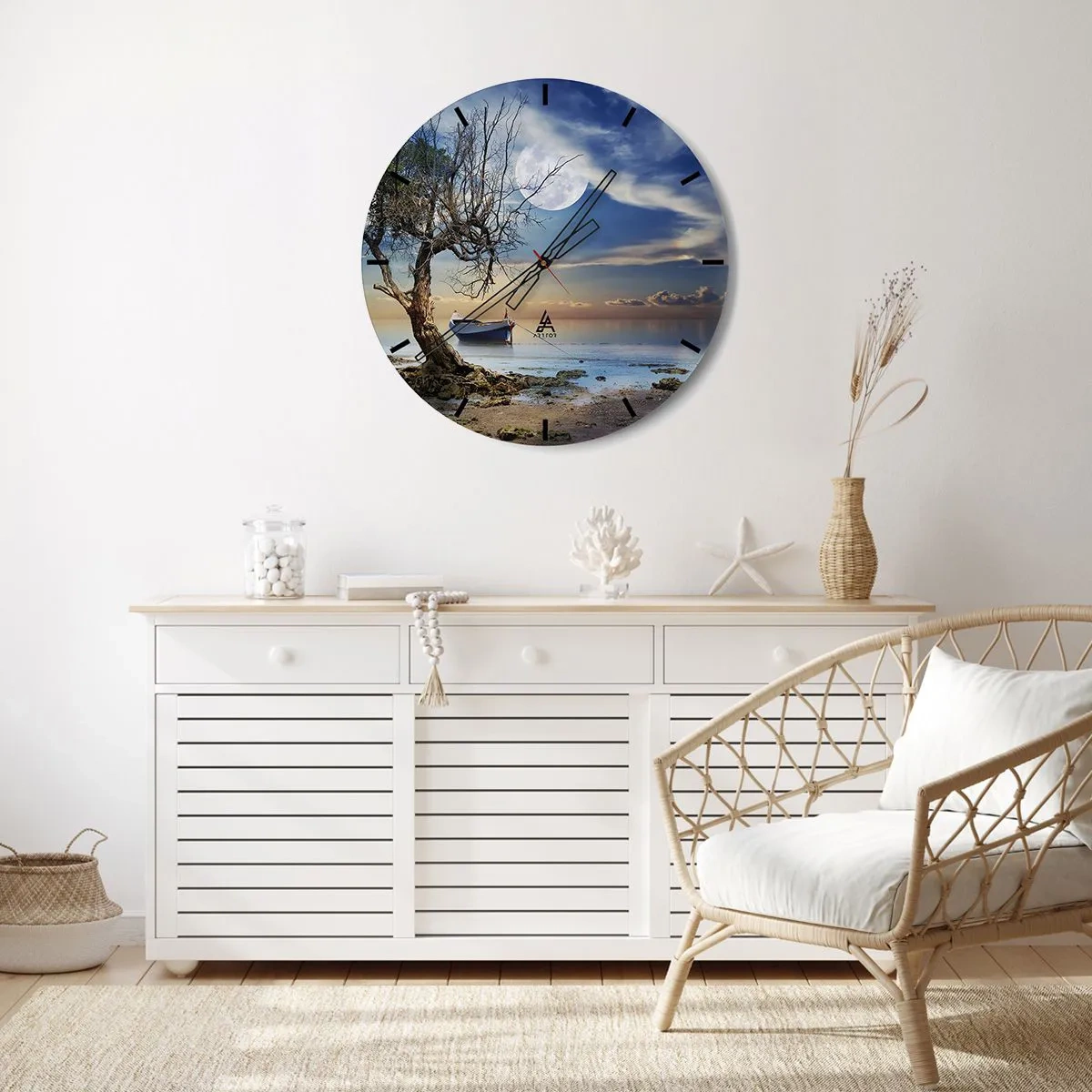 Wanduhr - Glasuhr - Ein Boot am Ufer mit dem Mond im Hintergrund - 30x30cm - Ist das das Ende oder der Anfang? - Moderne Wanddekoration für Wohnzimmer, Küche und Schlafzimmer ARTTOR