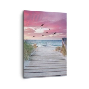 Bild auf Leinwand - Leinwandbild - Holzweg am Strand bei rosa Sonnenuntergang - 50x70cm - Baltischer Eindruck - Moderne Wanddekoration für Wohnzimmer und Schlafzimmer ARTTOR