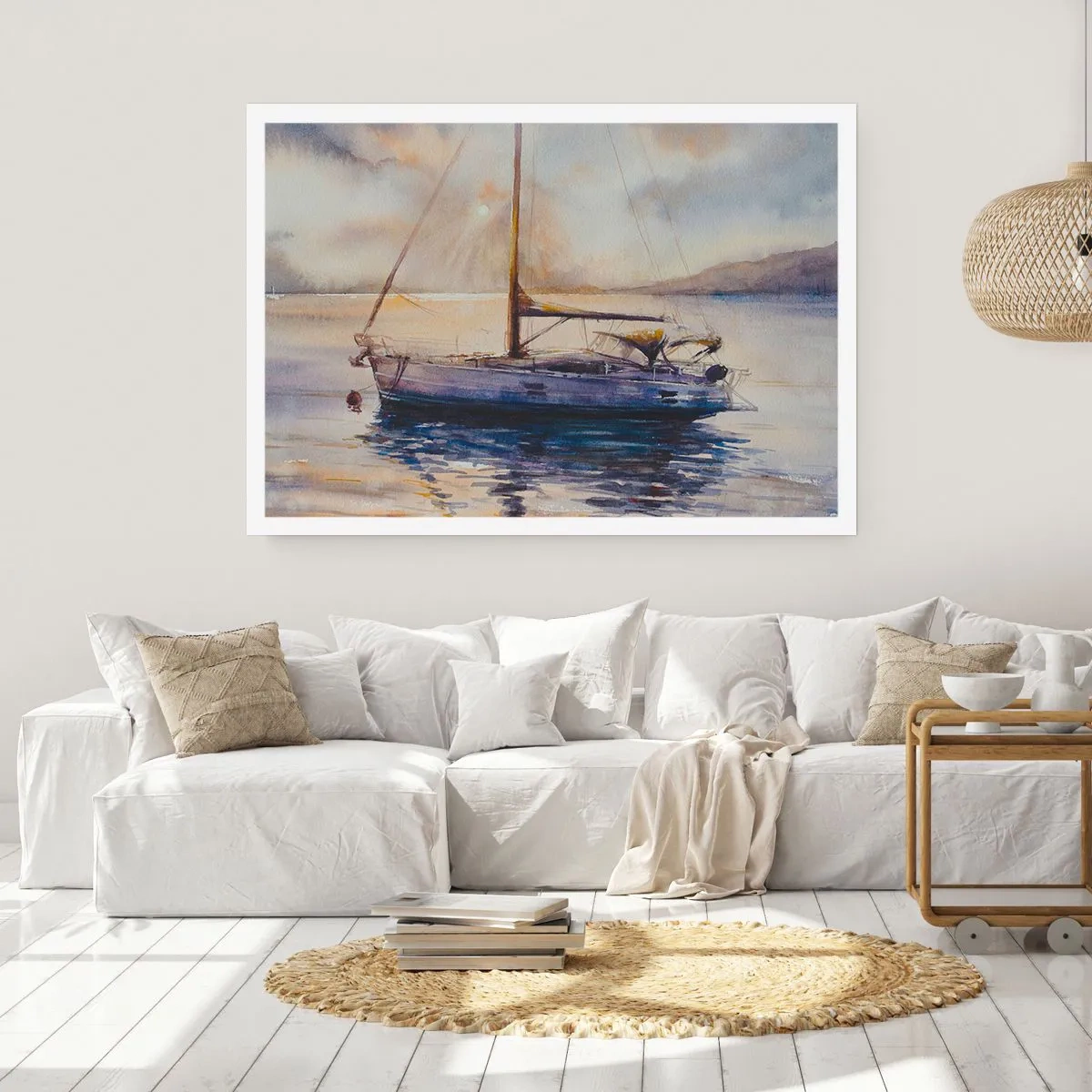 Poster - Eine Yacht auf ruhigem Meer bei Sonnenuntergang - 100x70cm - Abend in der Bucht - Moderne Wanddekoration für Wohnzimmer und Schlafzimmer ARTTOR