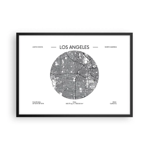 Poster in einem schwarzem Rahmen - Eine Karte von Los Angeles im minimalistischen Schwarz-Weiß-Stil - 70x50cm - Anatomie von Los Angeles - Moderne Wanddekoration für Wohnzimmer und Schlafzimmer ARTTOR