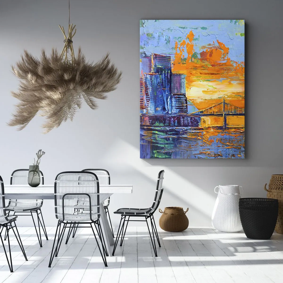 Bild auf Leinwand - Leinwandbild - Eine farbenfrohe Stadt mit einer Brücke in der untergehenden Sonne - 70x100cm - Kultur und Natur - Moderne Wanddekoration für Wohnzimmer und Schlafzimmer ARTTOR